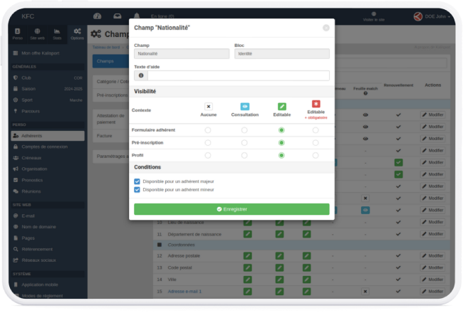 Gestion des champs - Logiciel des adhésions (membres et adhérents) pour club de sport et associations sportives en ligne