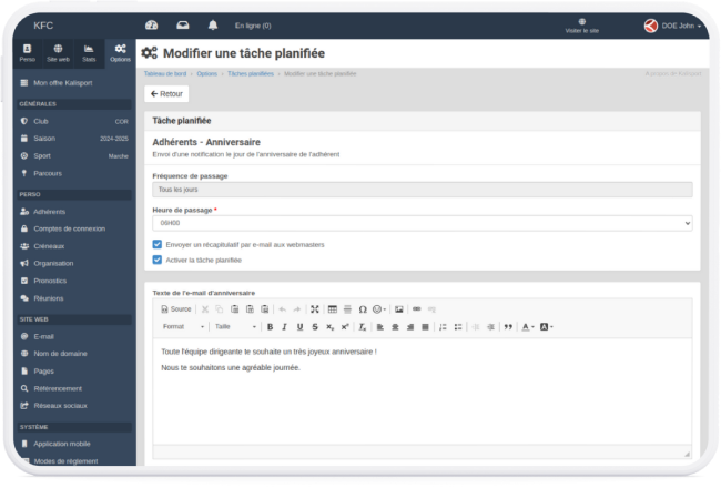 Tâches planifiées - Logiciel des adhésions (membres et adhérents) pour club de sport et associations sportives en ligne