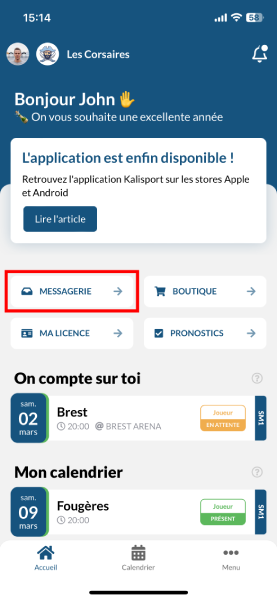 Application smartphone Kalisport - Accès à la messagerie sur la page d'accueil