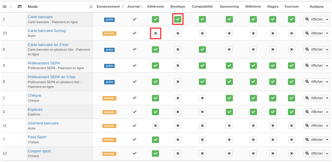 Mode de règlement - Liste activation selon les modules