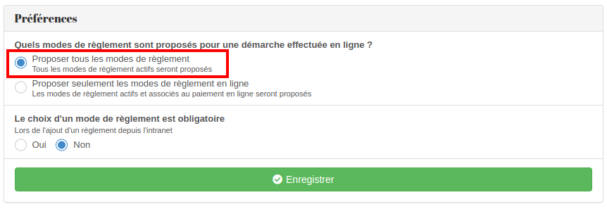 Mode de règlements - Préférence de paiements