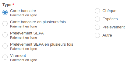 Mode de règlement - Sélection du type